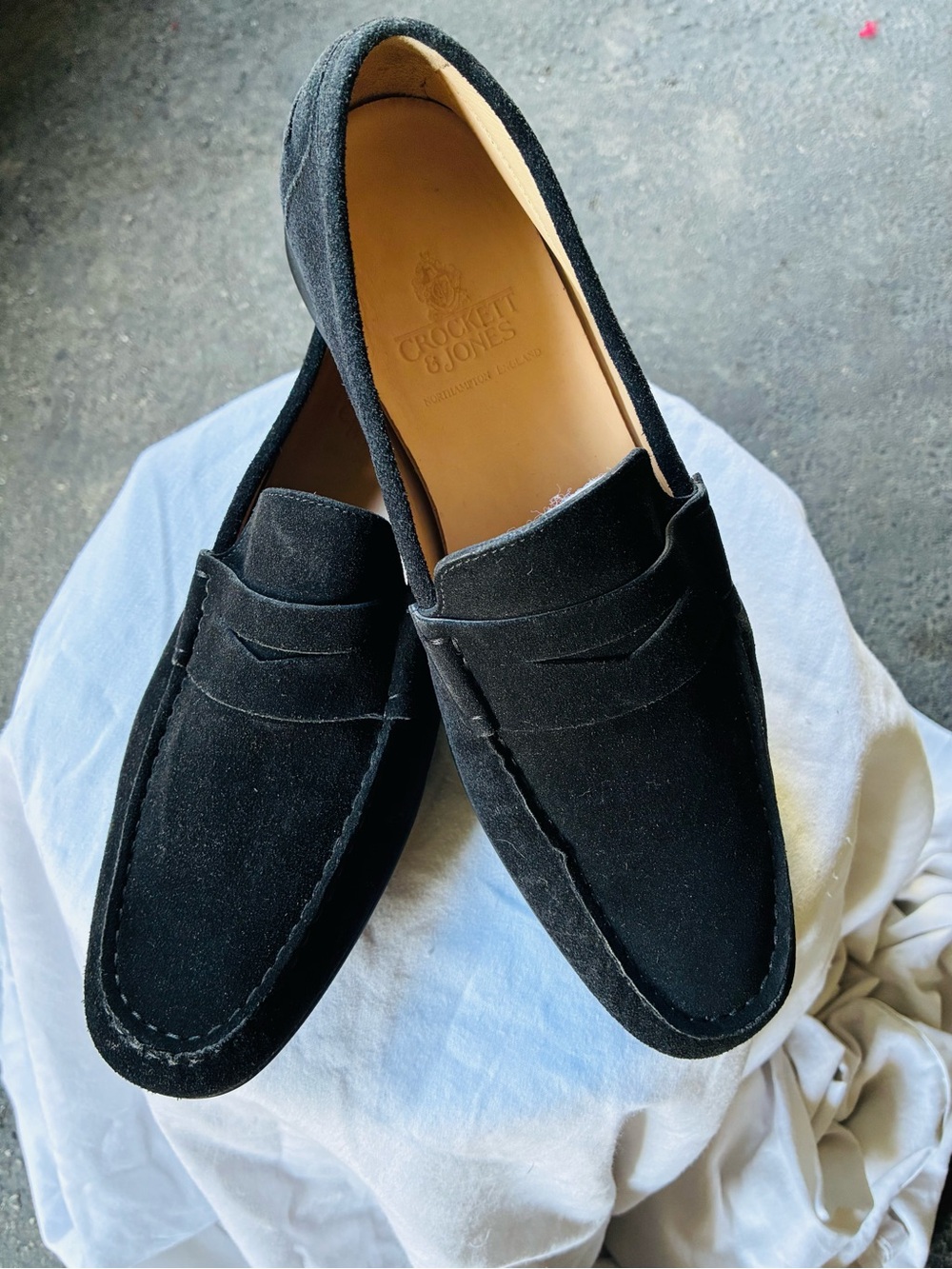 Crockett & Jones Black Suede Genoa Driving Loafers, Size 8